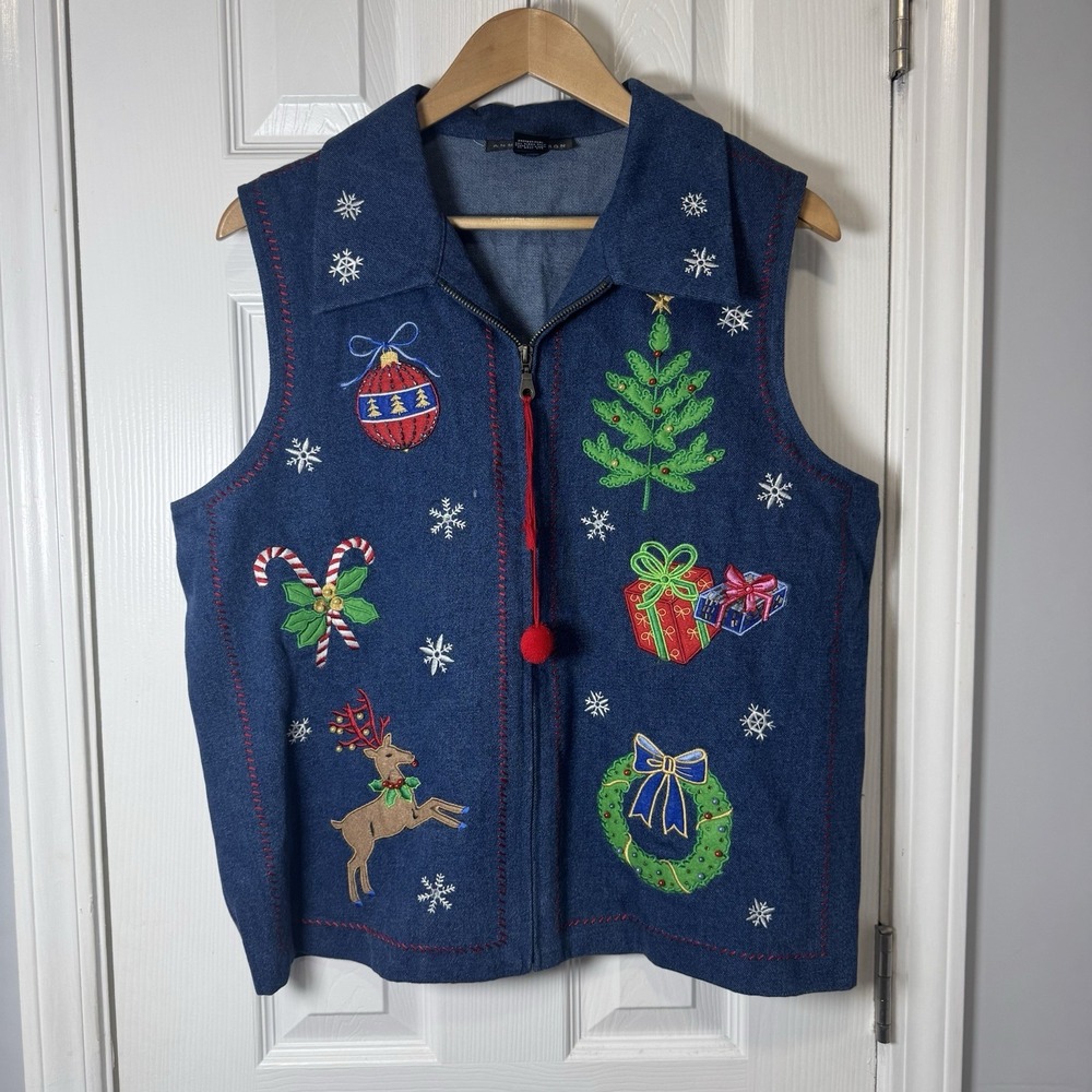Anne Carson Womens Denim Vest with Christmas Appliques and Embroidery Zip XL